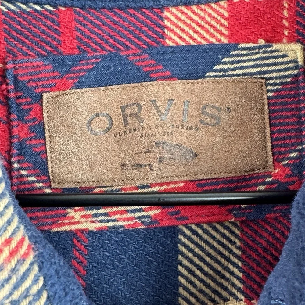 Orvis Thick Flannel Button-Up Shirt Shacket Men's M Red Navy Plaid Long Sleeve